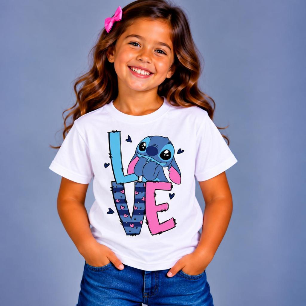 Camiseta Infantil Stitch Love Menina – 100% Algodão Estampa DTF – Camisa Infantil Feminina Presente - Envio Imediato