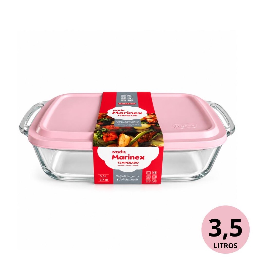 Marinex Seletta 3,5 litros Prato Retangular Com Alça Com Tampa Lasanheira, Sobremesas Rosa Grande
