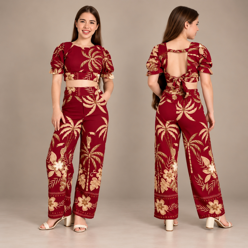 Conjunto Juvenil Feminino Estampado Floral Cropped e Calça em Crepe Duna Casual