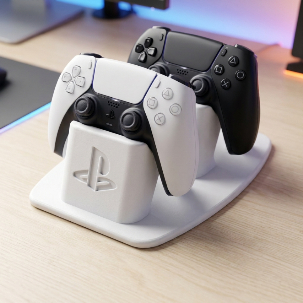 Suporte Duplo Controle PS5 Playstation 5 Dualsense Base Mesa Gamer Porta Controles Preto Branco Design Slim