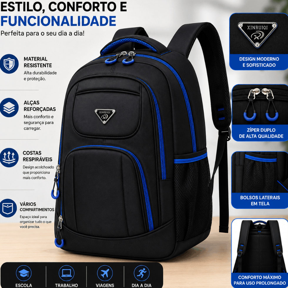 Mochila Bolsa Masculina Resistente Impermeável Grande Notebook Escolar Viagem Trabalho Reforçada