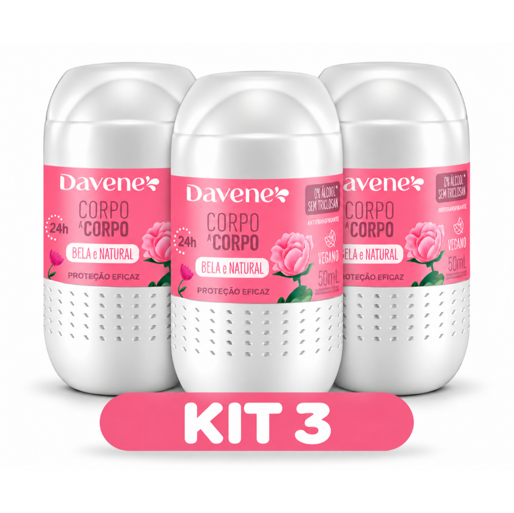 Kit 3 Desodorante Davene Corpo À Corpo Roll On Natural Nova Embalagem