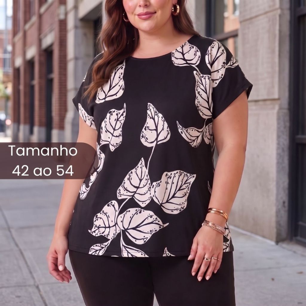 Blusa Feminina Estampada Plus Size Malha Fria Elegante Tamanho 42 ao 54