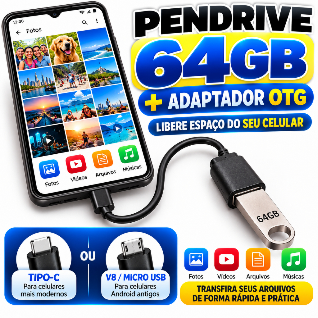 Kit Pendrive 128Gb + Adaptador OTG Tipo-C ou Micro Usb