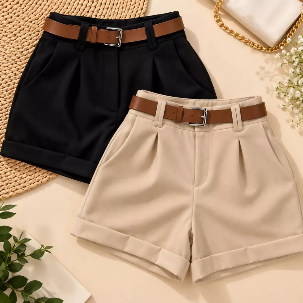 Short Feminino Alfaiataria Social Cintura Alta com Cinto