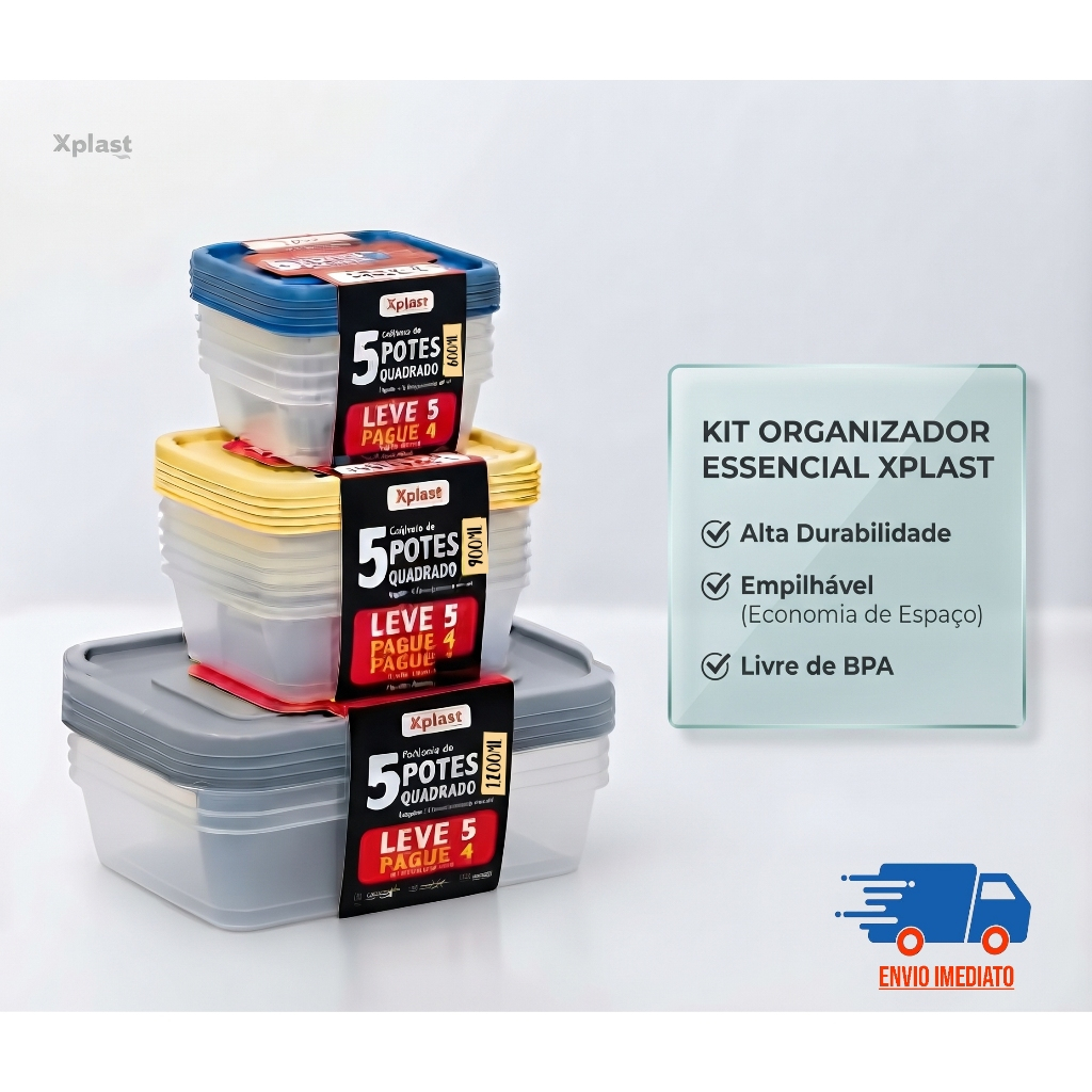 Kit Potes Organizadores Plástico Empilhável Xplast Leve 5 E Pague 4 - Cores Variadas