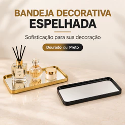 Bandeja Decorativa Espelhada Retangular Dourada ou Preta 29,8x11,8cm Organizador Perfumes Cosméticos Decoração