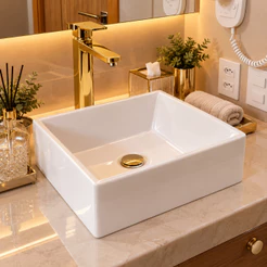 *PROMOÇÃO* Cuba Banheiro de Sobrepor Esmeralda 30,5x27cm Branca Mármore Sintético Lavabo Movelove
