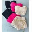 conjunto feminino cropped tomara que caia coração+short canelado com corrente