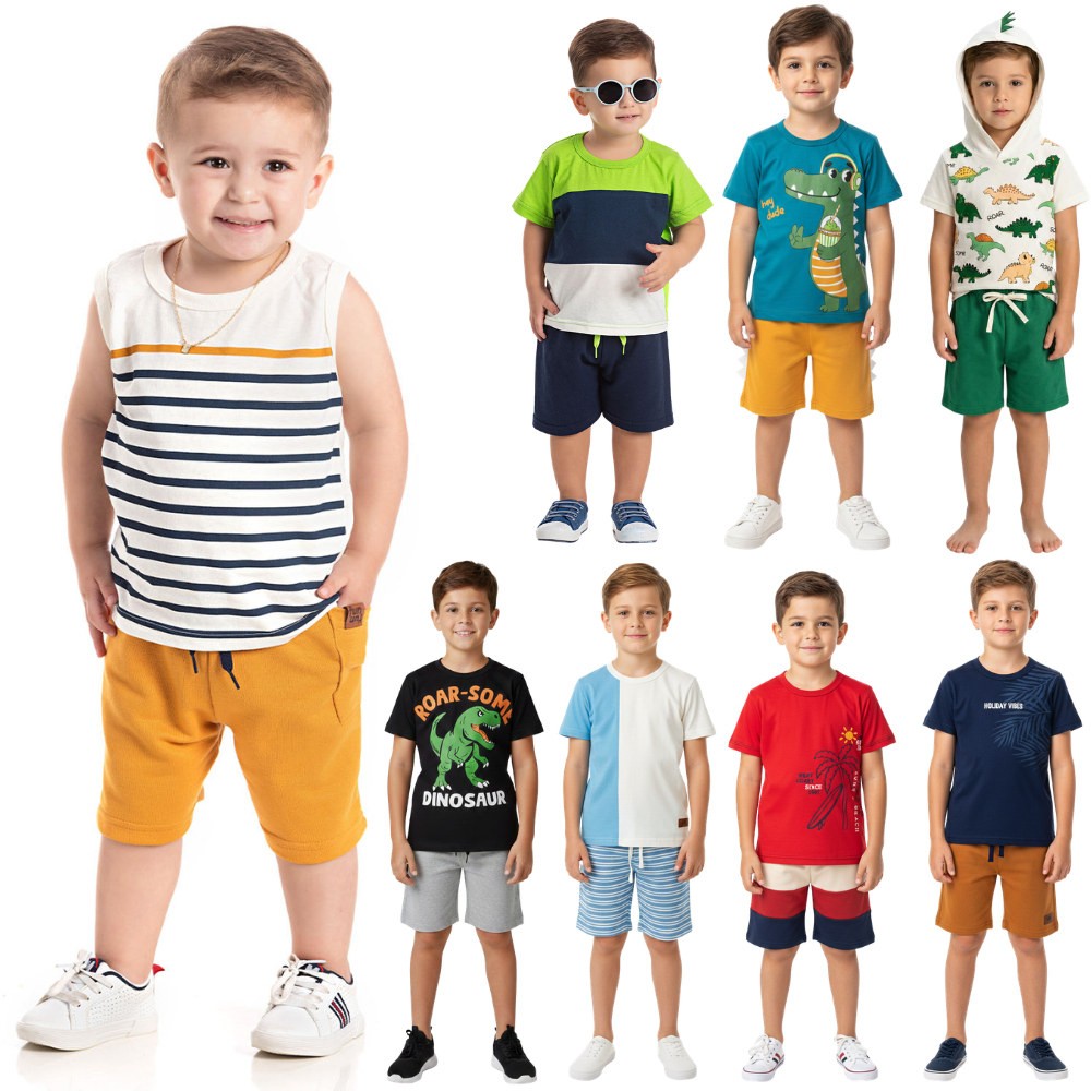 Conjunto Menino Infantil Masculino Verão Camiseta Regata 100% Algodão Bermuda Moletinho Dia a Dia Tamanho 1 ao 3 anos