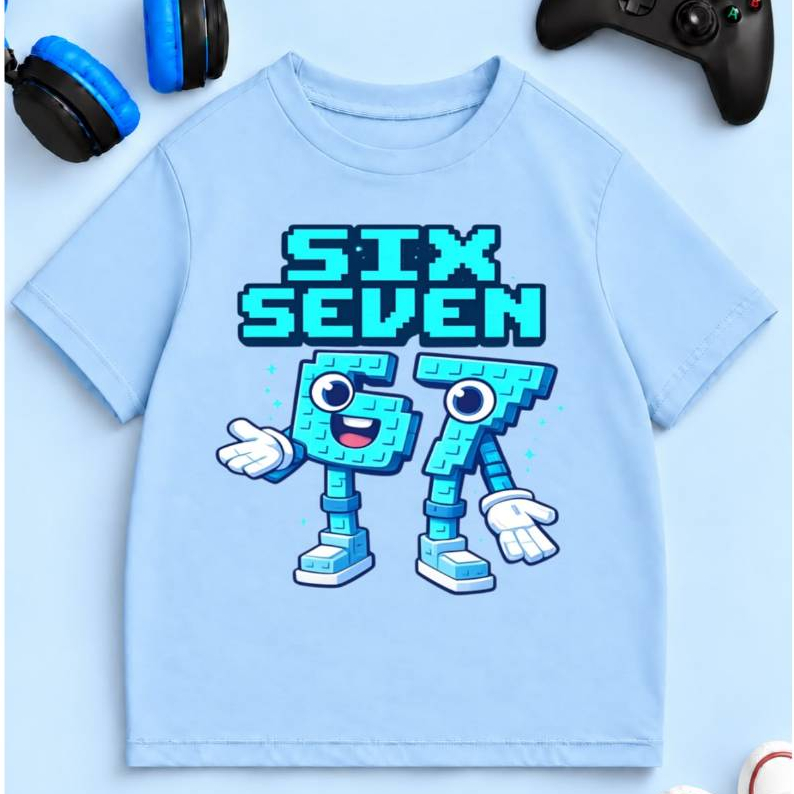 Camiseta infantil menino com varios tamanhos com estampa Six Seven e personagens divertidos.