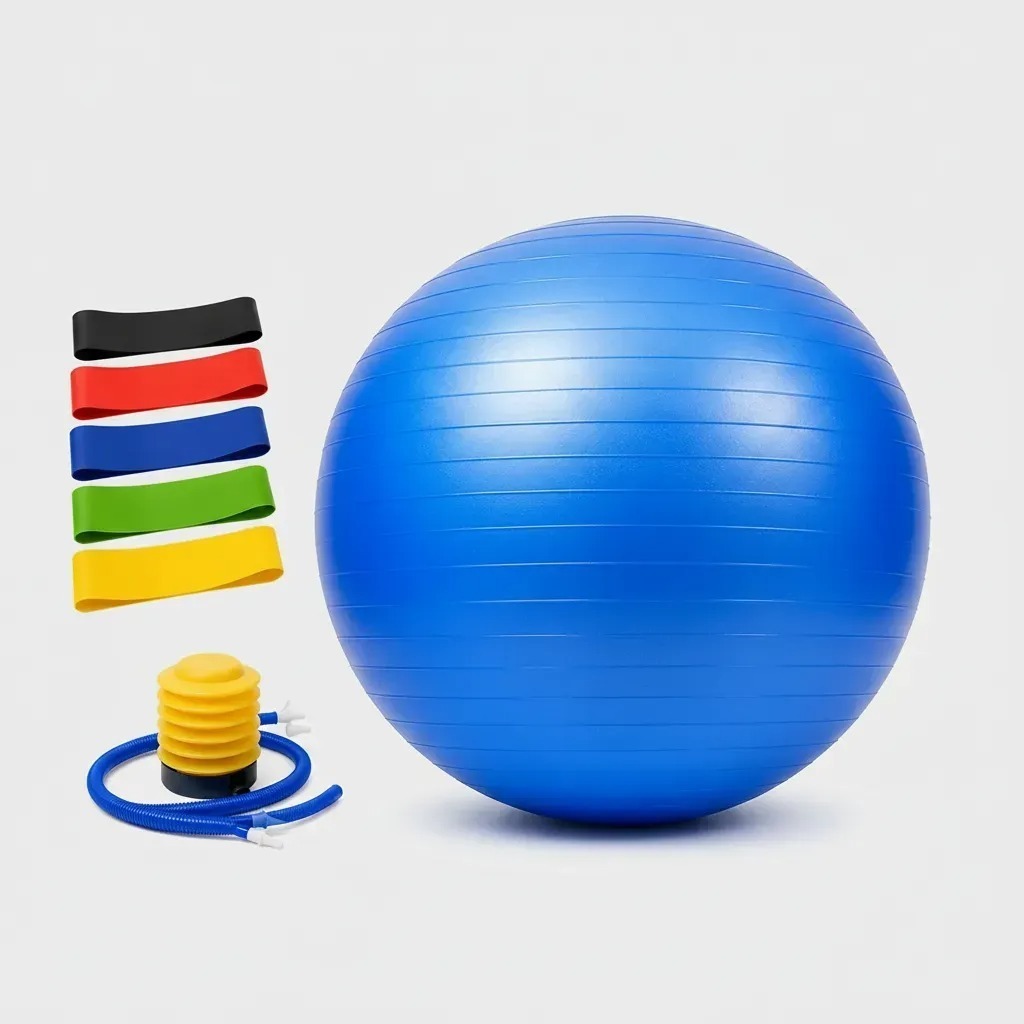 Kit Bola Pilates Yoga 65cm + 5 Mini Bands Elásticas Fitness Academia Treino Funcional Ginástica Alongamento Exercícios