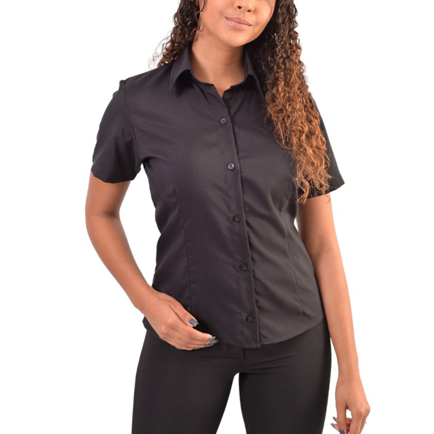 Camisa Camisete Manga Curta Feminina Blusa Social Azul Marinho Confortável e Elegante