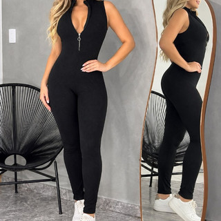 Macacão Moda Balada Feminino Regata Com Zíper Canelado