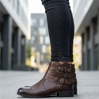 Bota Feminina de cano curto com Fivelas - Marrom Capuccino
