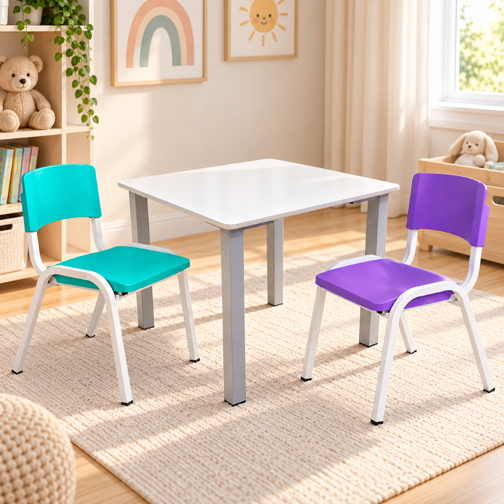 Kit Conjunto Mesa Infantil com 1 Cadeira Roxa e 1 Cadeira Verde Água Escola Creche Igreja Estudo Didática Educativa