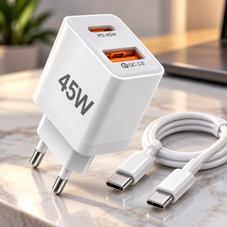 Carregador Turbo 45W USB-C + USB Carga Rápida Com Cabo