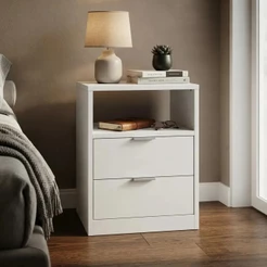 Mesa de Cabeceira Criado Branco 2 Gavetas e 1 Nicho em MDF Lado da Cama Quarto Estilo Cômoda