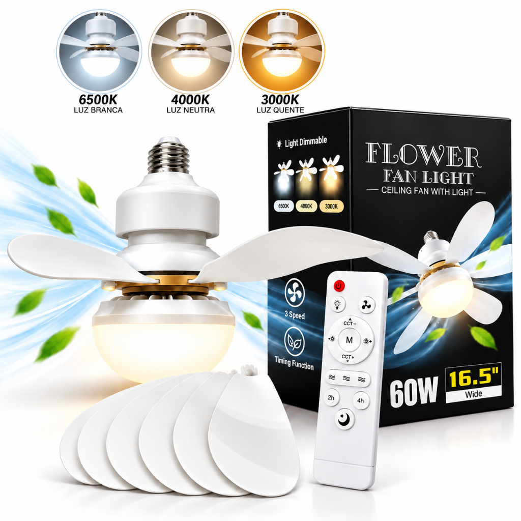 Ventilador de Teto PRO LED E27 3 Cores Silencioso Bivolt 2 em 1 Luminária Econômica com Controle Remoto
