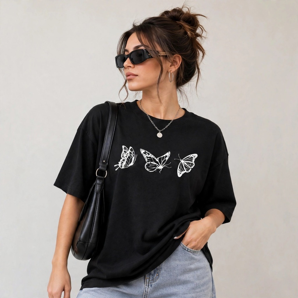 Camiseta oversized Feminina Borboleta Blusa 100% Algodão Básica Lançamento Confortavel Casual Qualidade Longa