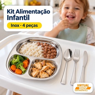 Kit Alimentação Infantil Inox 4 Peças | Prato Colher Garfo Faca | Prato Com Divisória e Talheres para Bebê