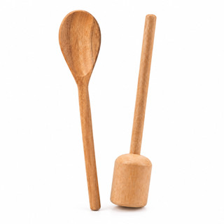 Kit Colher de Pau 38cm e Pilão Socador 30cm Madeira Maciça Rústica Artesanal Multiuso Cozinha Alho Temperos