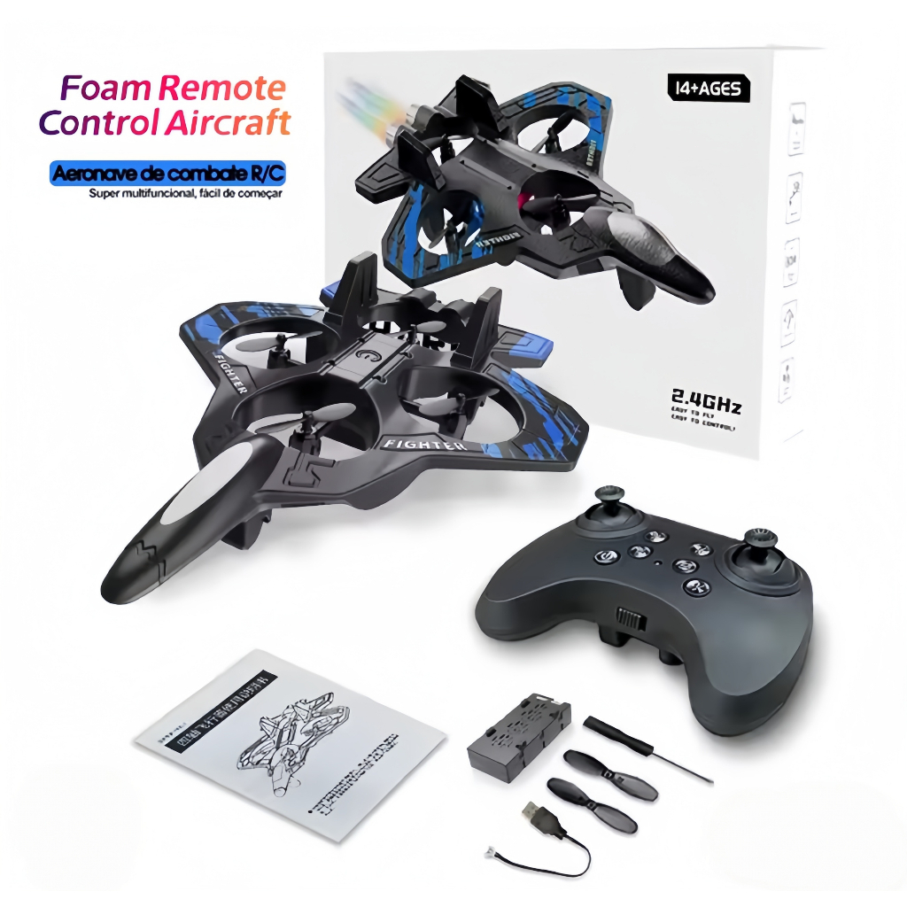 Avião de Combate Brinquedo Drone 4 Motores Controle Remoto 2.4GHz Voo Estável Manobras 360° Ideal Presente Para Meninos