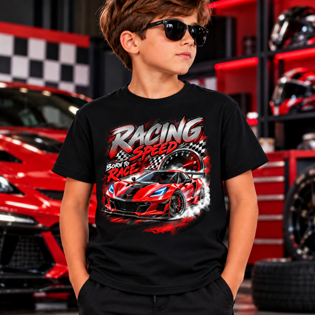 Camiseta Infantil Menino Racing Speed Born to Race Carro Esportivo Estampa Temática Algodão Confortável para Meninos