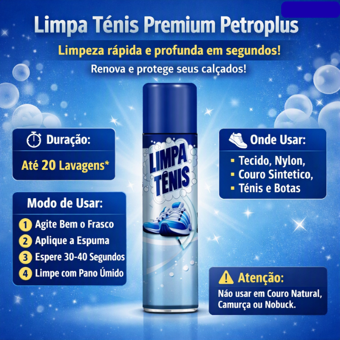 Limpa Tênis Premium Petroplus Original Branco e Colorido Espuma Limpadora Lavagem a Seco 1und 300ml/290g