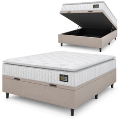 Cama Box Baú Casal Colchão Espuma D45 Lazio Pillow Top 138x188x65cm Suede Branco/Bege Hellen