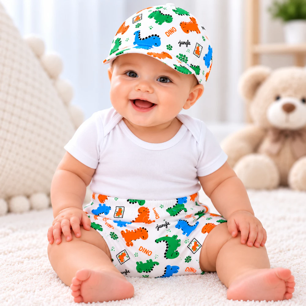 Shorts Bebê Tapa Fralda Masculino com Boné