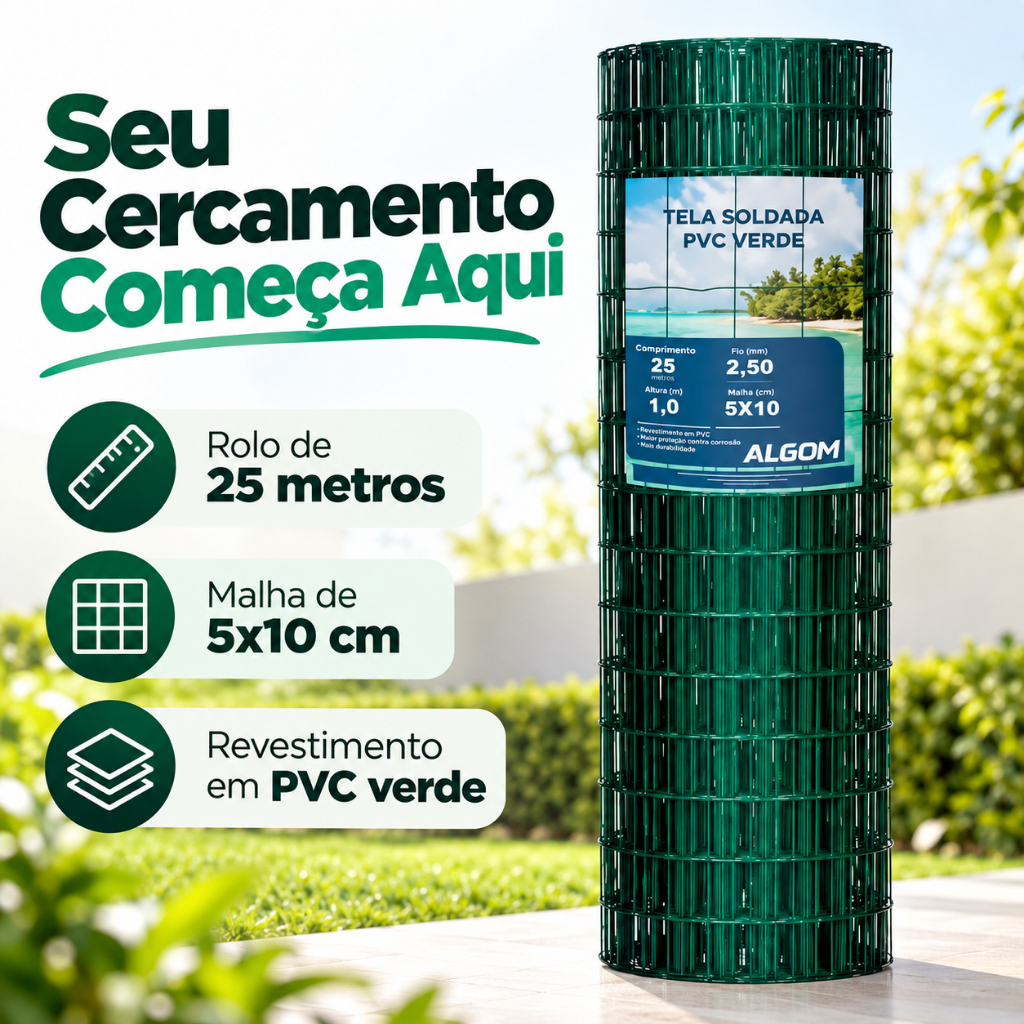 Tela Soldada PVC Verde Malha 05cm x 10cm X 1M altura x 25M comprimento