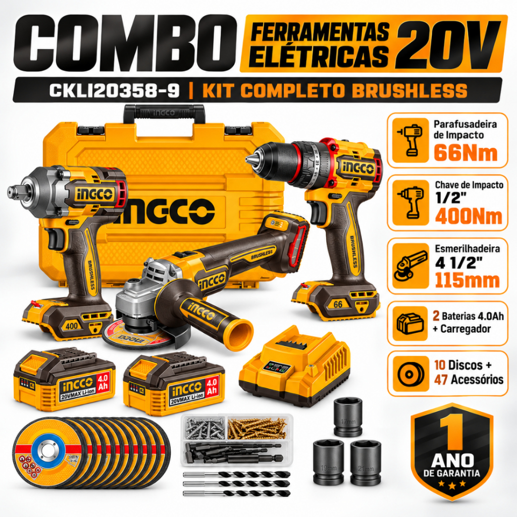 Kit Combo Parafusadeira + Esmerilhadeira + Chave Impacto 20v (CKLI20358-9) Ingco
