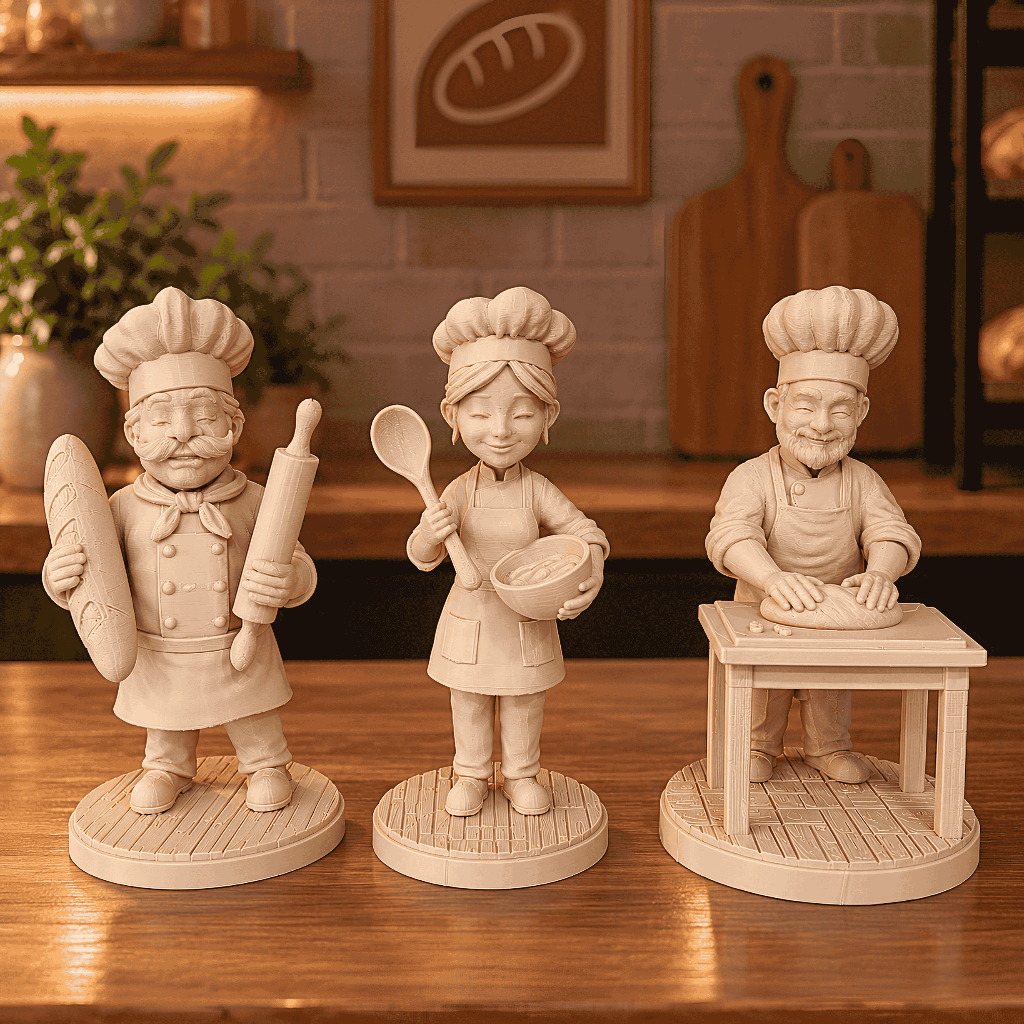 Kit estátua padeiro pão padaria massa colher trio cozinha cafeteria decoração casa sala 3D