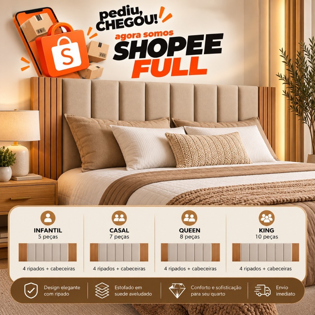 Cabeceira Modular Estofada + Painel Ripado MDF Para Cama Box Casal King Queen