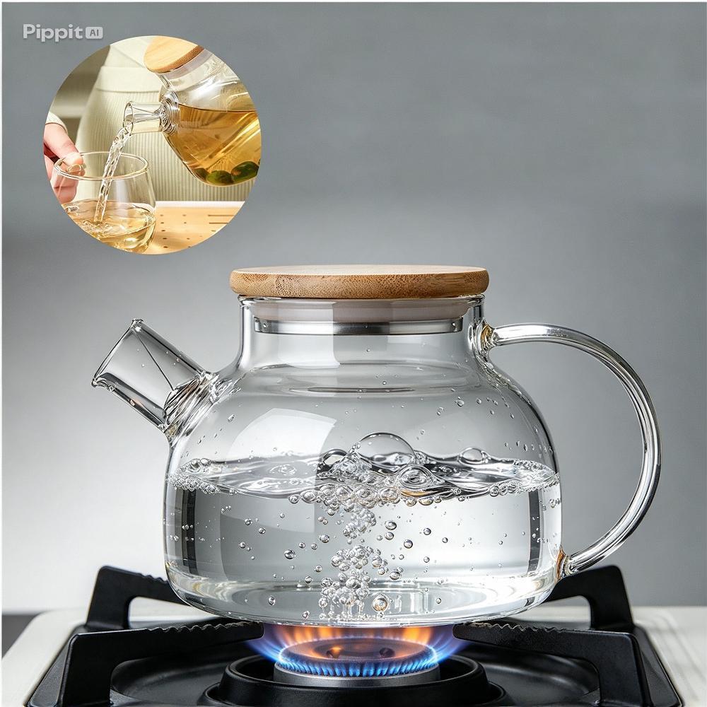 Chaleira de Vidro 1 Litro Coador Tampa de Bambu Premium Resistente a Calor De ir Fogo Bule Infusor