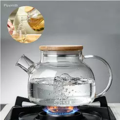 Chaleira de Vidro 1 Litro Coador Tampa de Bambu Premium Resistente a Calor De ir Fogo Bule Infusor