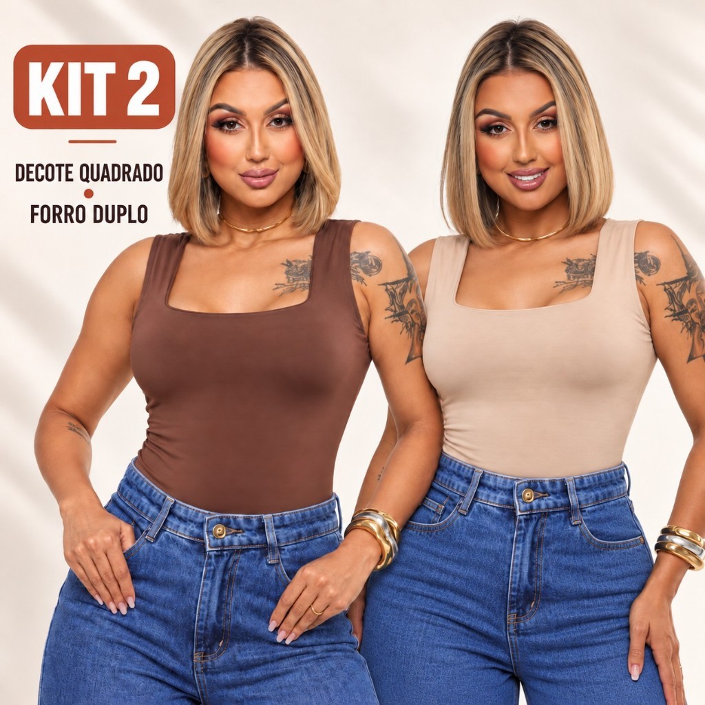 Kit 2 Regatas Femininas Decote Quadrado Suplex Forro Duplo Alça Larga Blusa Básica P ao GG