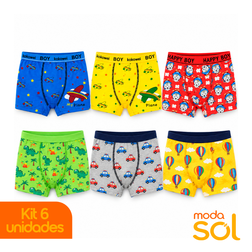 Kit 6 Cuecas Boxer Infantil Meninos Tecido de Algodão Respirável Confortável Estampas Sortidas