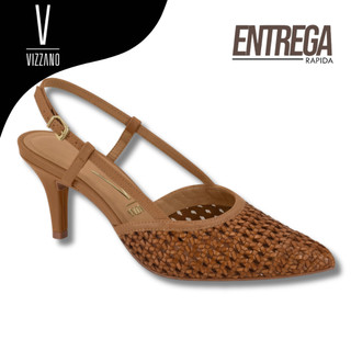 Scarpin Feminino Vizzano Slingback Bico Fino Tramado Camel Salto 7cm Confortavel Original