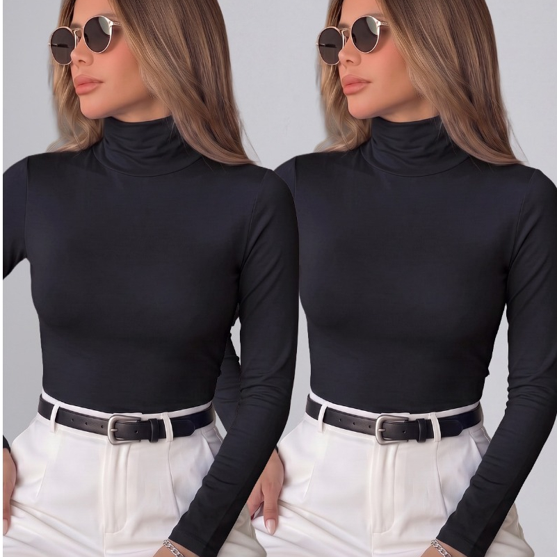 Kit 2 Blusa Feminina Cacharrel Gola Alta Manga Longa Básica Confortável Elegante Lisa