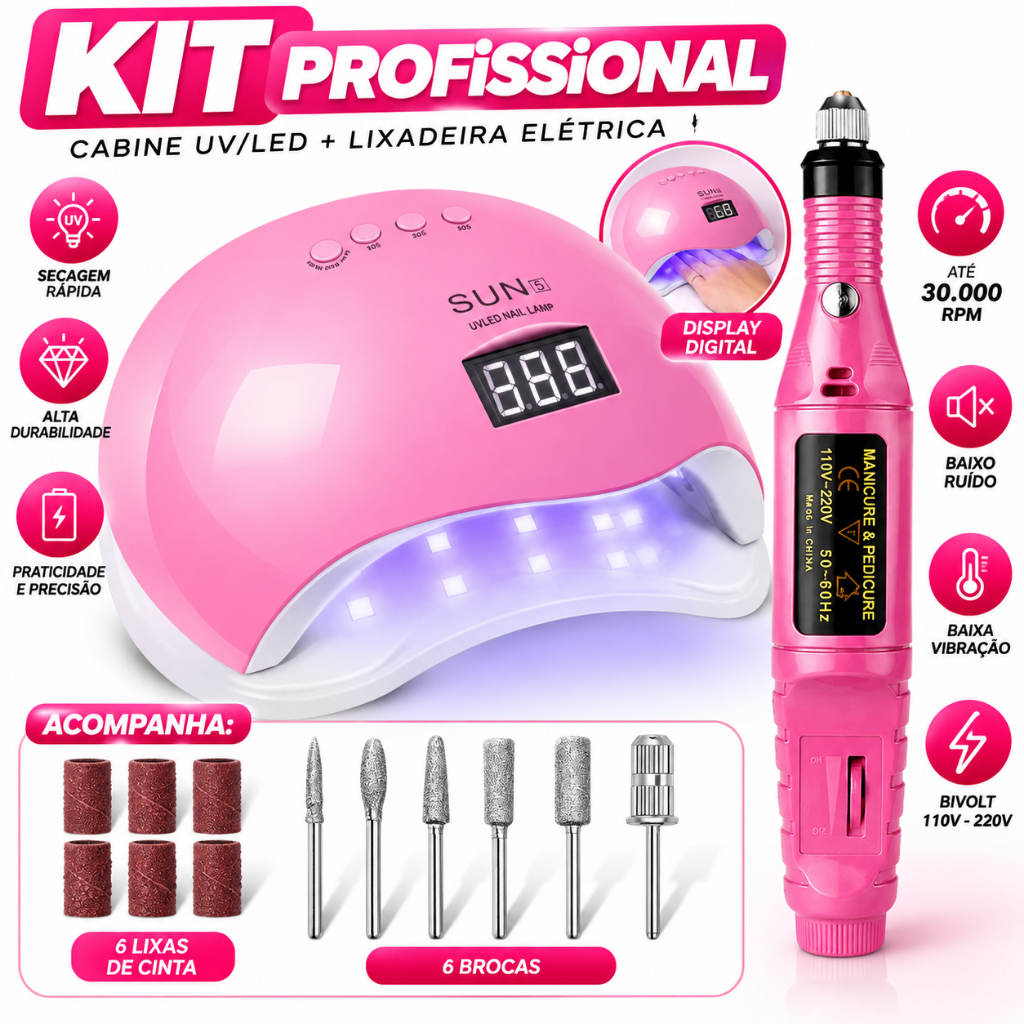 Kit Lixadeira Elétrica Motor Caneta Cabine Estufa de Unhas 48W Sun 5 UV LED Manicure Profissional