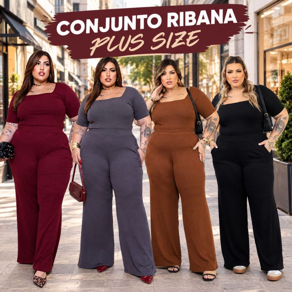 Conjunto Plus Size Feminino calça Pantalona wide leg Blusa Decote Quadrado casual alta elasticidade