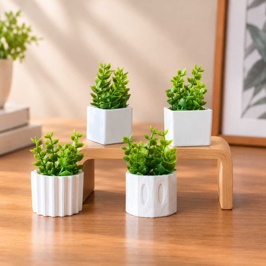 Kit 4 Mini Vasinhos COM PLANTA Artificial Decoração Sala Quarto Banheiro Escritório