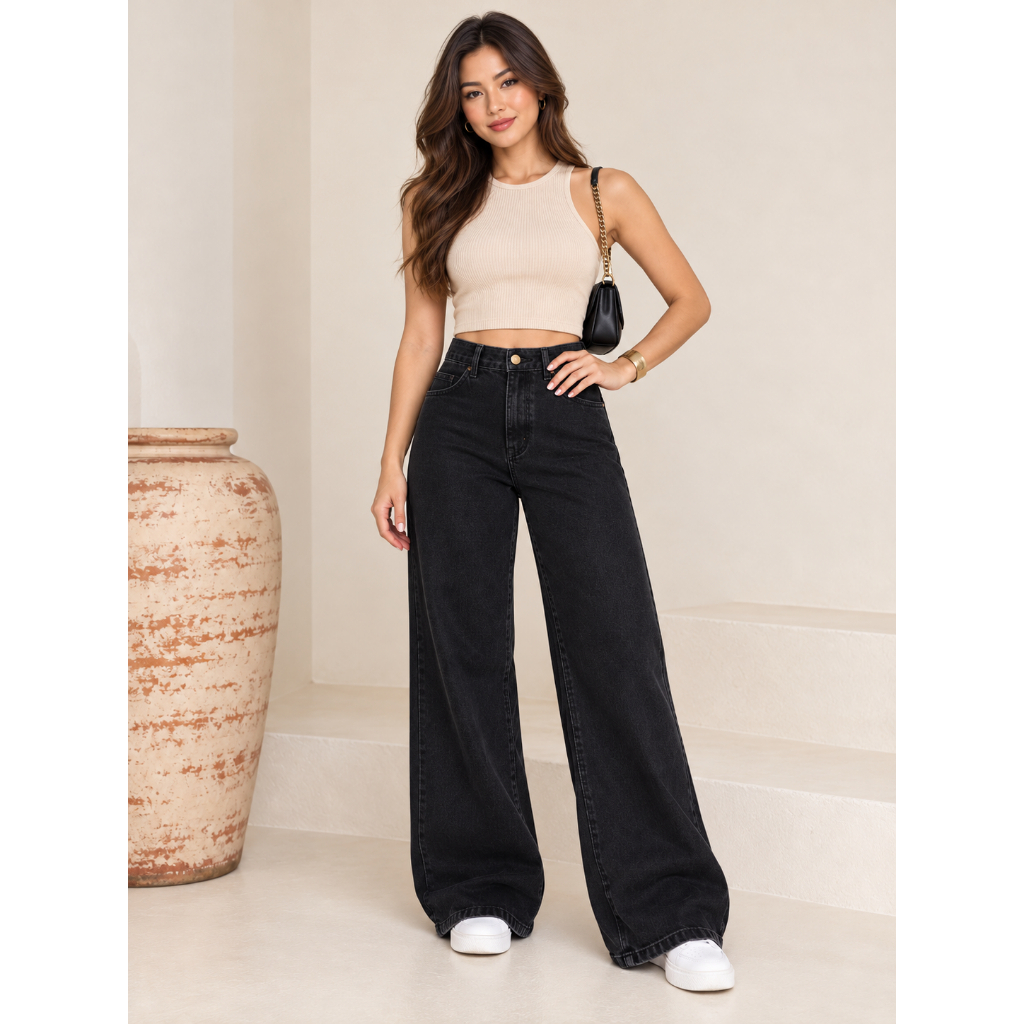 Calça Jeans Wide Leg Feminina Pantalona 100% Algodão