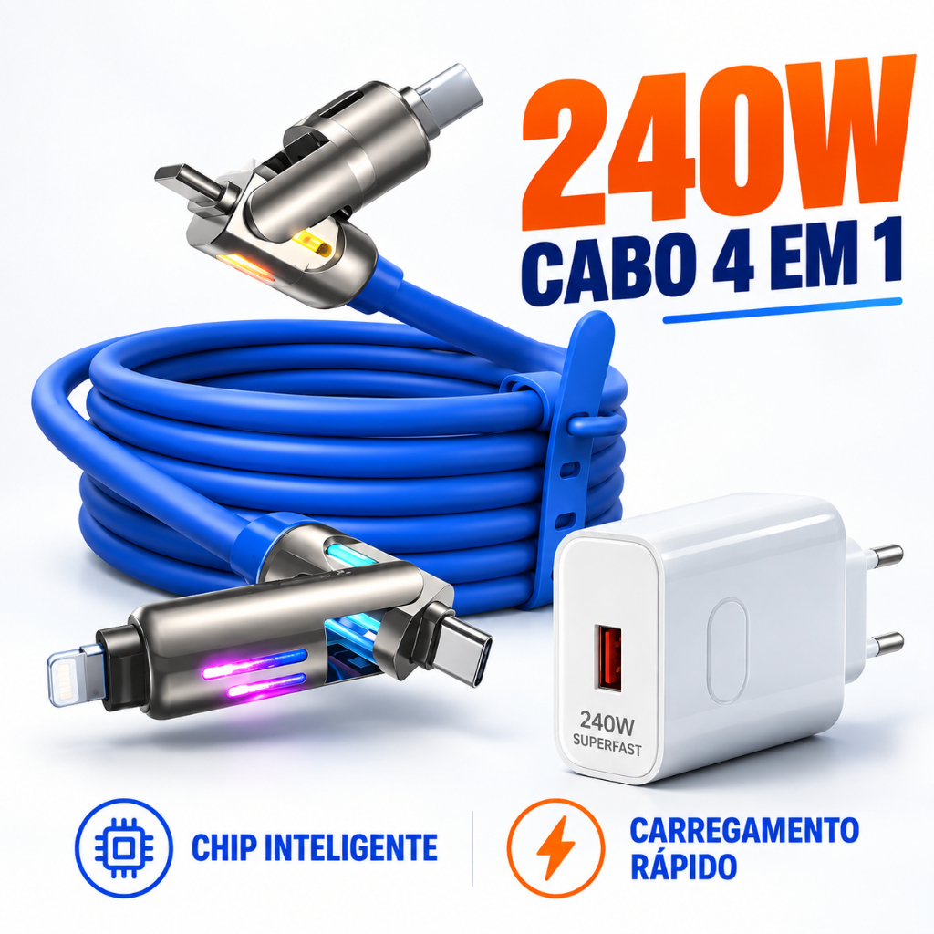 Kit Cabo Carregador 240W GaN 4 em 1 USB C Tipo C iP Carga Rápida Silicone LED Dados 1M 2M para Celular Tablet
