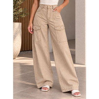 Calça Jeans Feminina Wide Leg Com Bolso Frontal, Com listra em Giz Vertical, Cintura Alta 100% Algodão