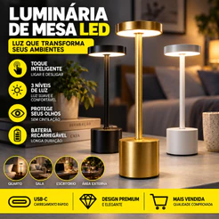 Luminária de Mesa Abajur LED Recarregável Touch 3 Níveis de Luz Proteção aos Olhos Sem Fio Portátil Mais Vendida Quarto