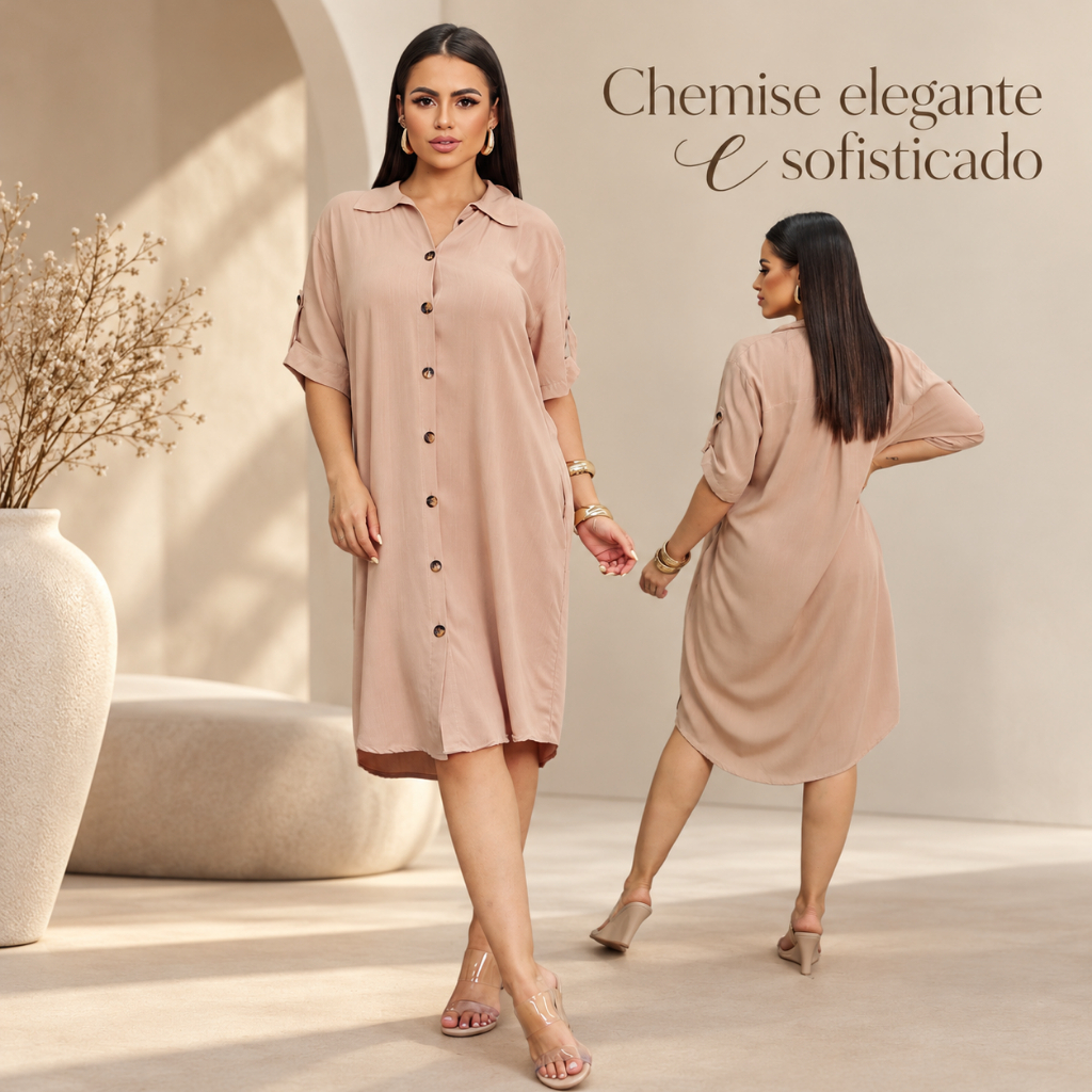Vestido Chemise Liso Midi Feminino Botões Funcionais Bolso laterais cinto do tecido viscolinho — imagem 2 de 2