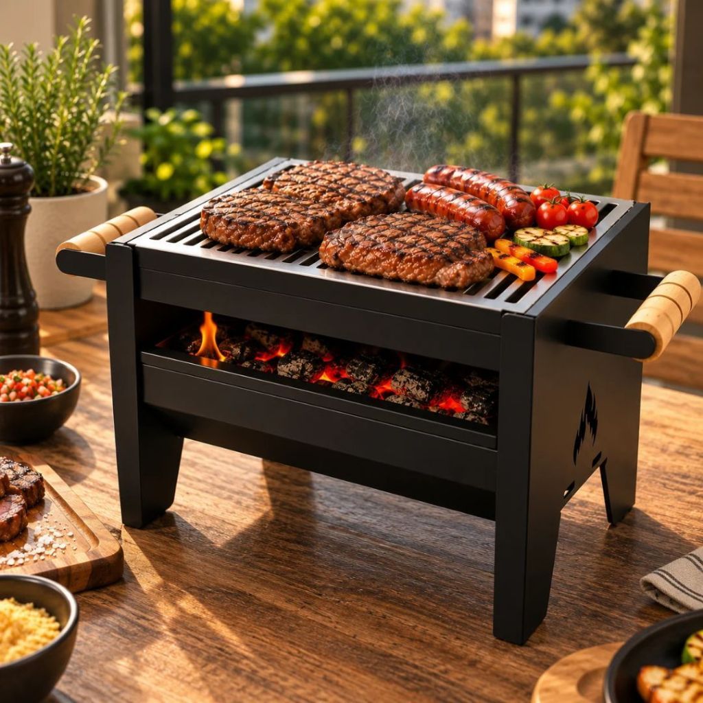 Churrasqueira Portátil Preta Desmontável com Grelha e Pegadores Laterais - Grill Inox Mini Campeira
